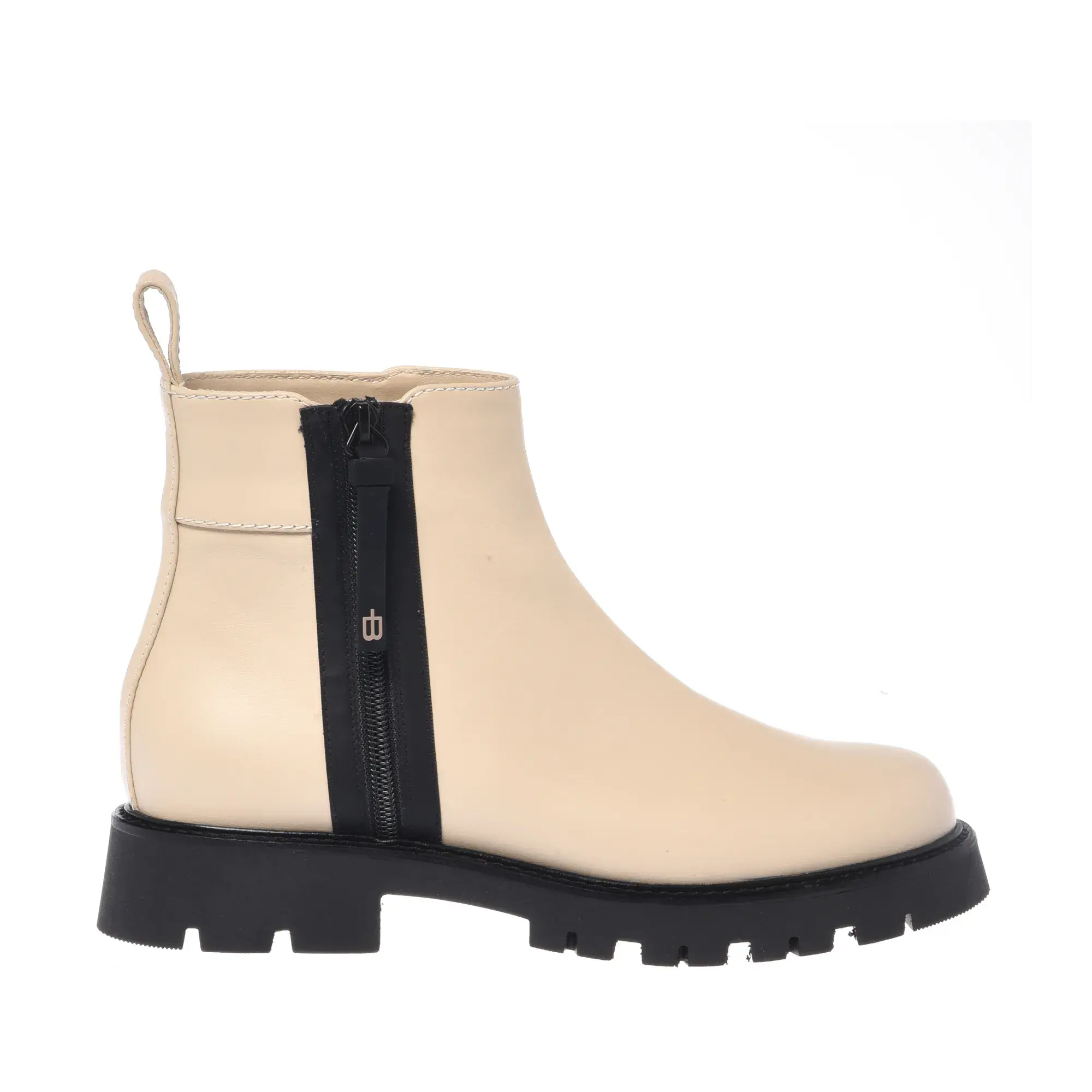 Beige Leder-Stiefeletten mit Profilsohle