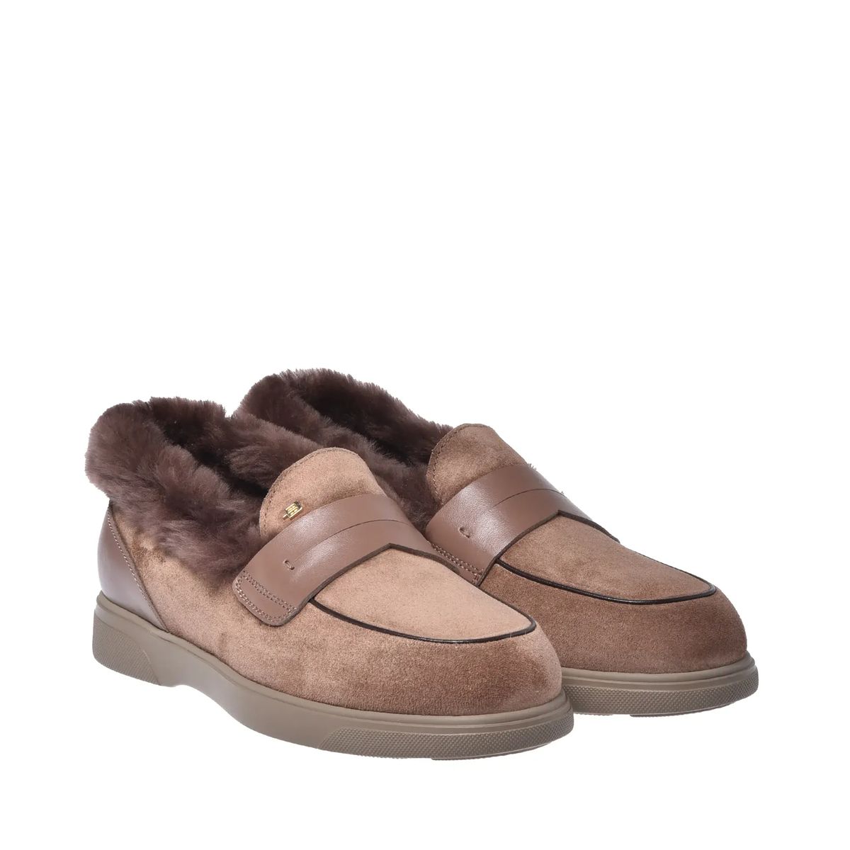 Wildleder Slipper mit Fellbesatz