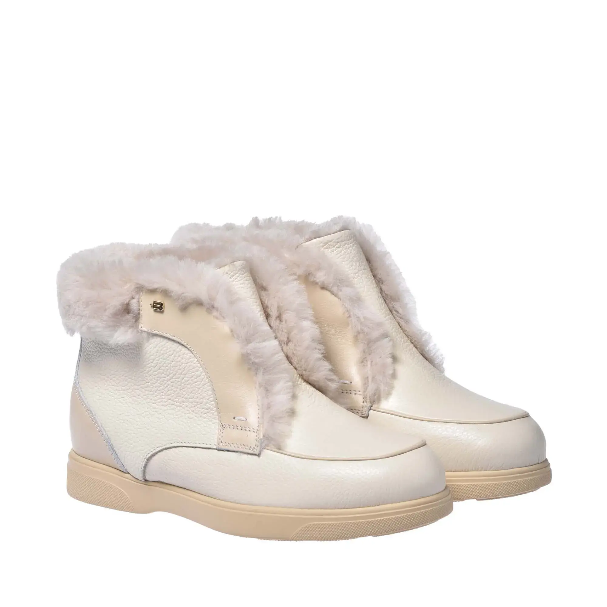 Elfenbein-Leder Stiefeletten mit Fell