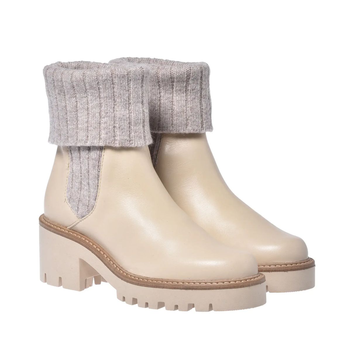 Beige Leder Stiefeletten mit Strickbündchen