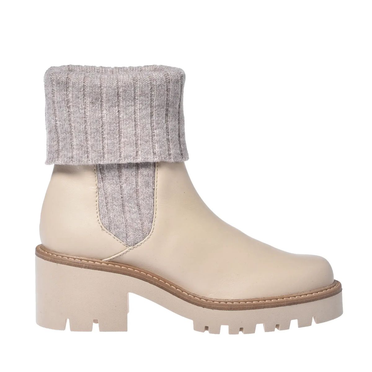 Beige Leder Stiefeletten mit Strickbündchen