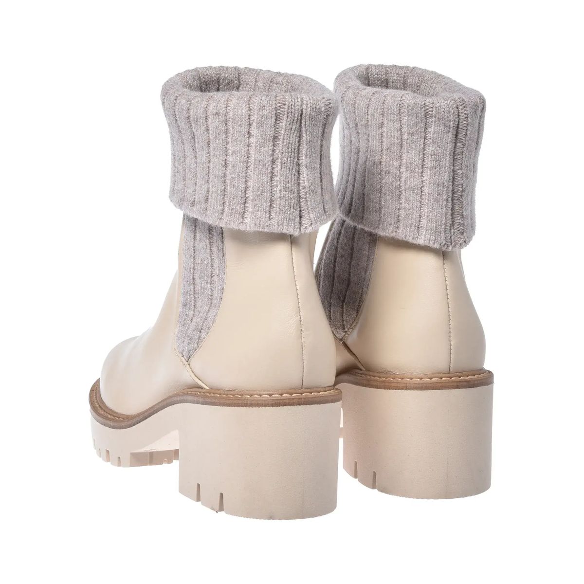 Beige Leder Stiefeletten mit Strickbündchen