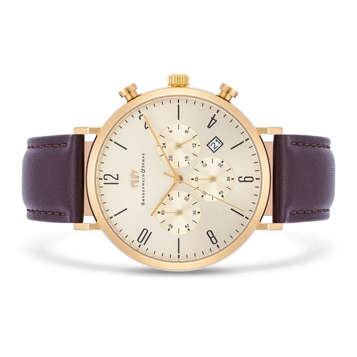 Goldfarbene Chronographuhr mit braunem Lederarmband