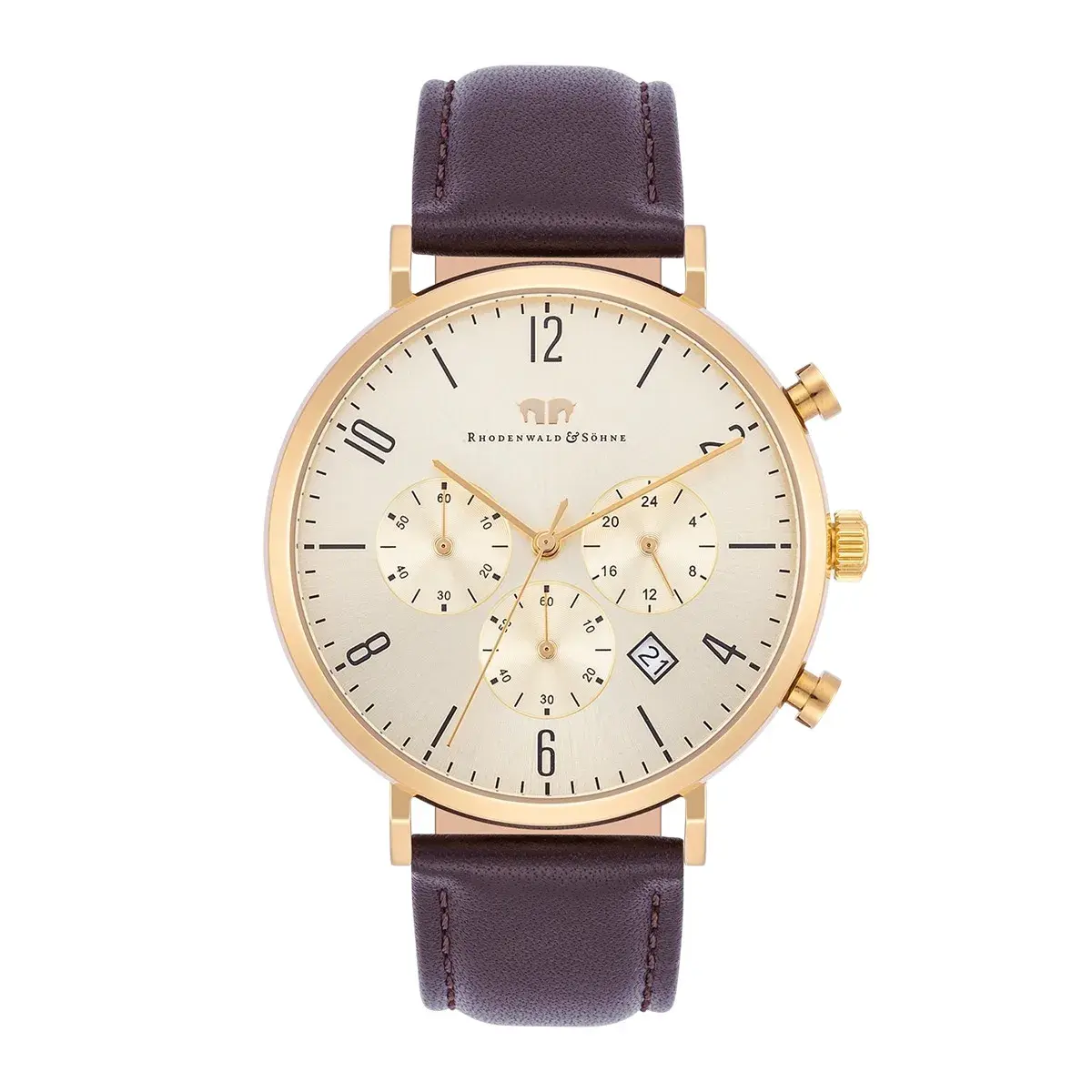 Goldfarbene Chronographuhr mit braunem Lederarmband