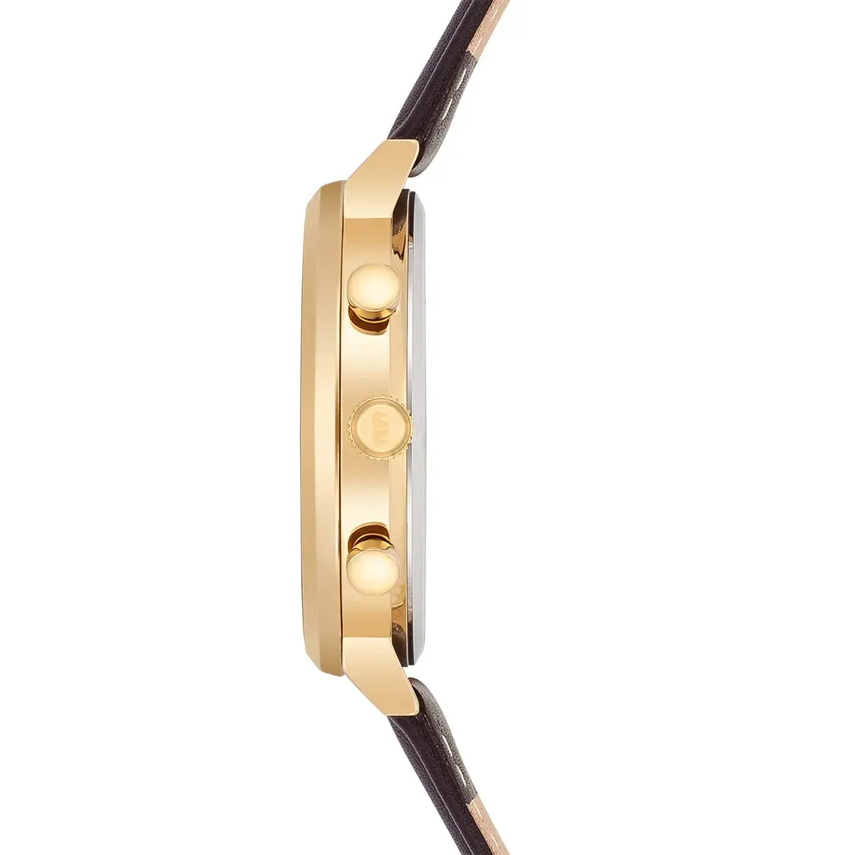 Goldfarbene Chronographuhr mit braunem Lederarmband