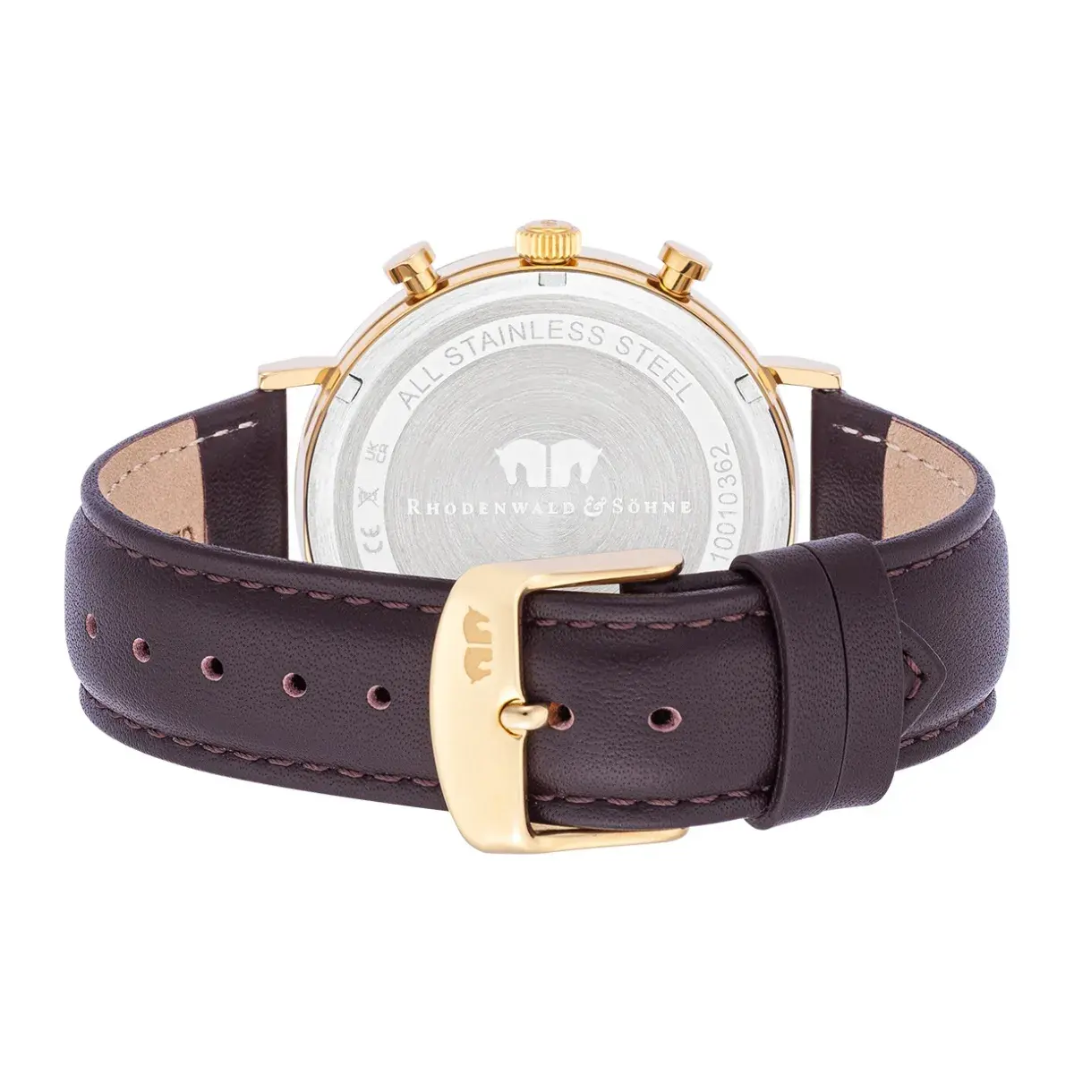 Goldfarbene Chronographuhr mit braunem Lederarmband