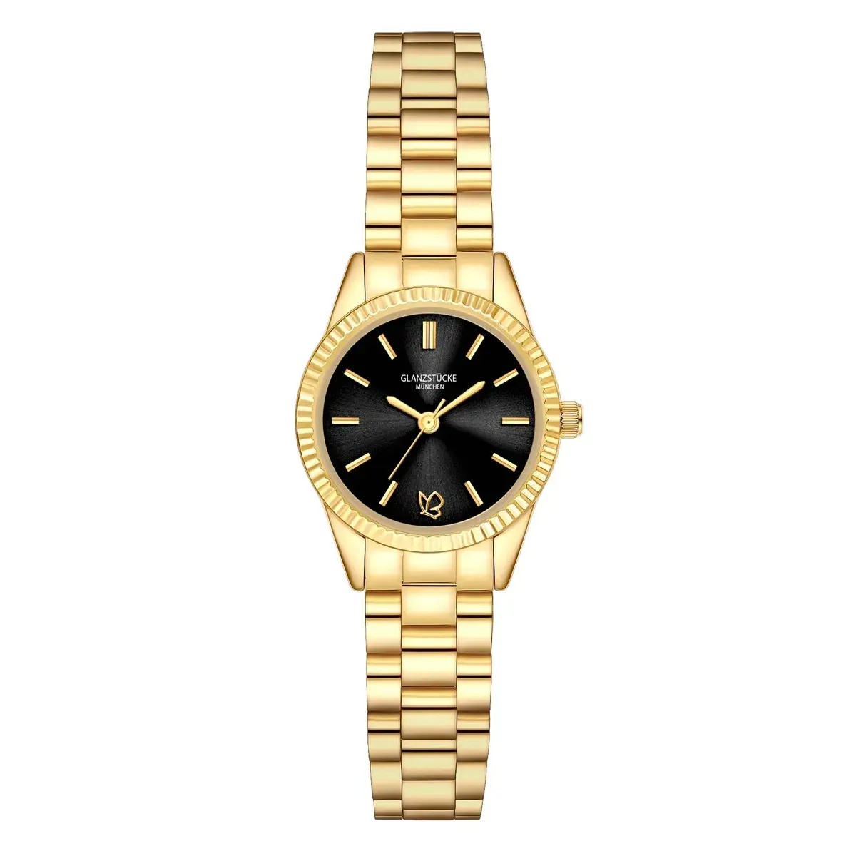 Elegante Damenuhr mit goldenem Zifferblatt und schwarzem Zifferblatt