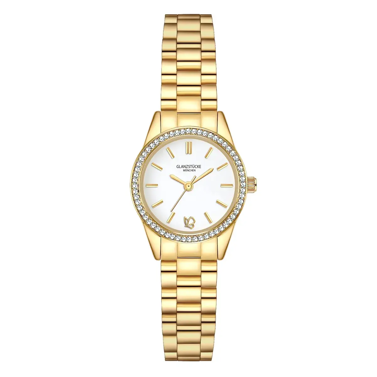 Elegante goldfarbene Damenuhr mit Kristallen
