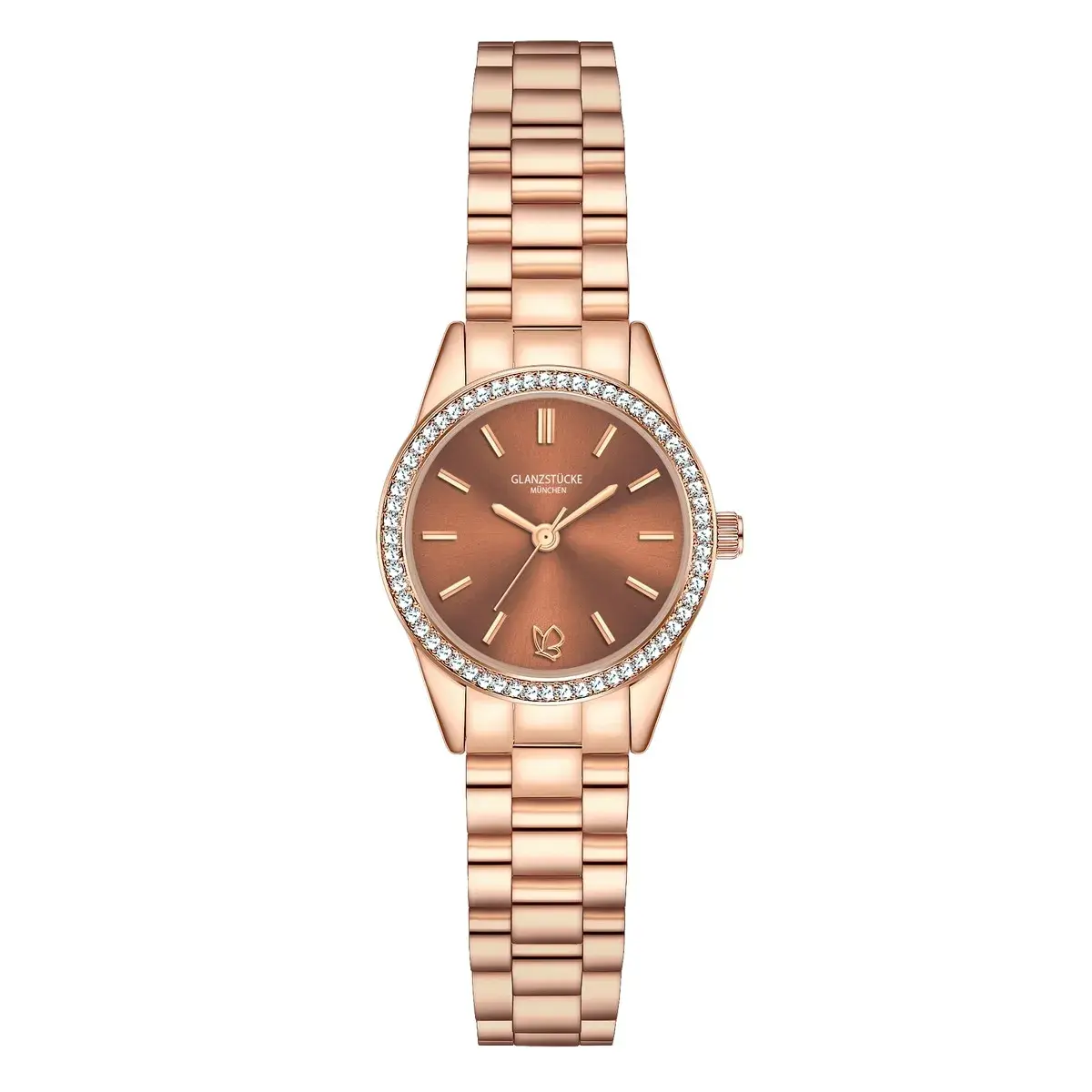 Roségoldfarbene Armbanduhr mit Kristallakzenten