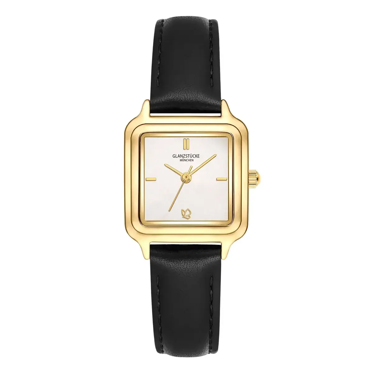 Quadratische goldene Uhr mit Lederarmband