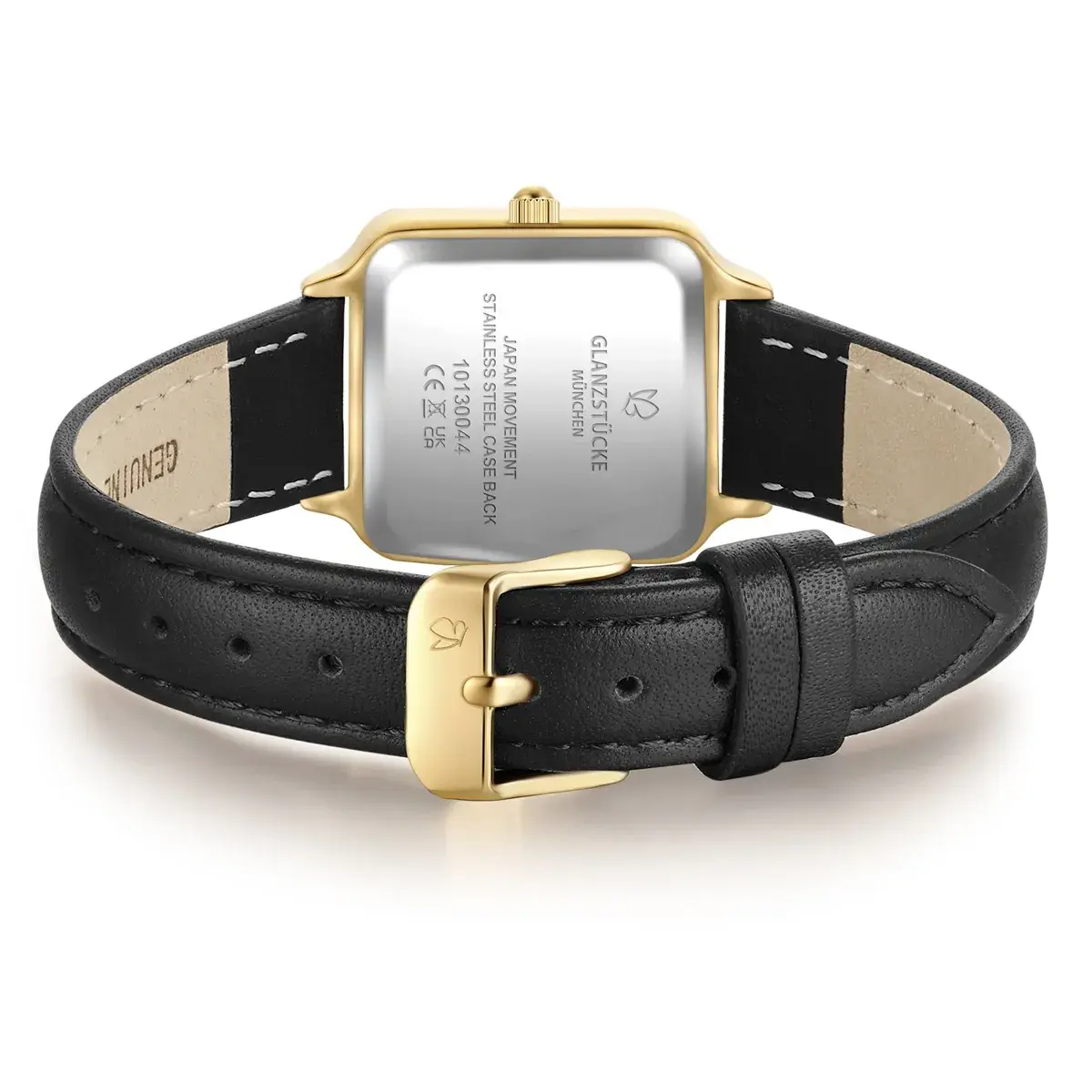 Quadratische goldene Uhr mit Lederarmband