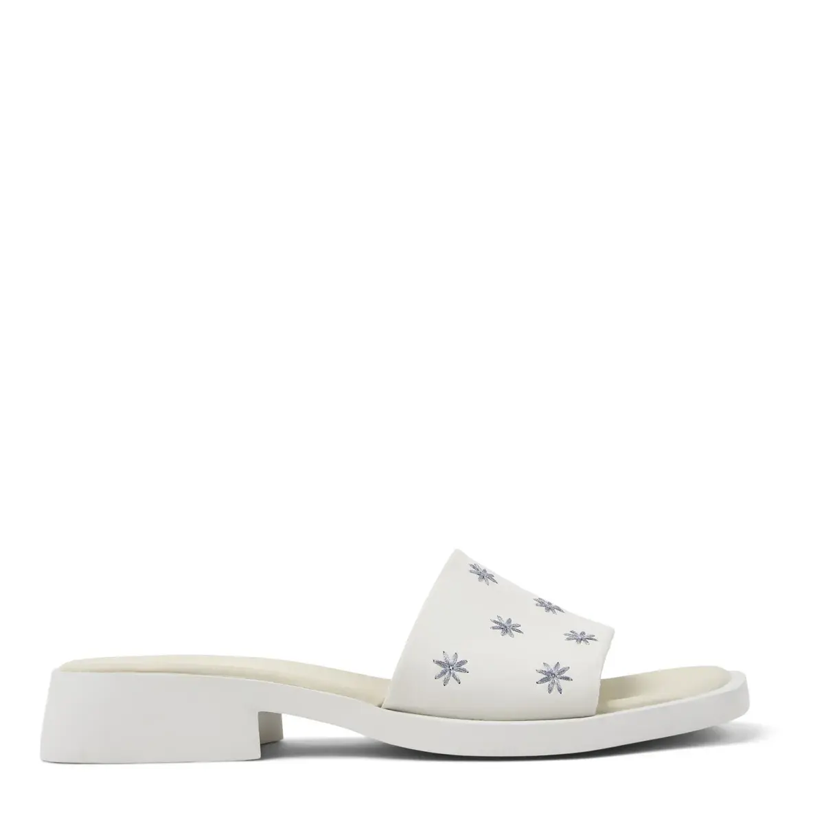 Weiße Slide Sandale mit Absatz und Blumen