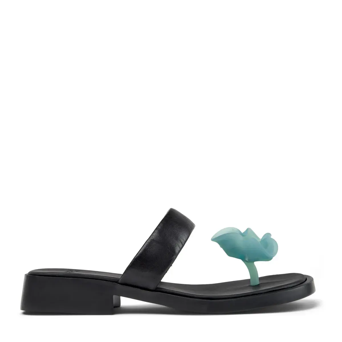 Schwarze Zehentrenner Sandalen mit Blume