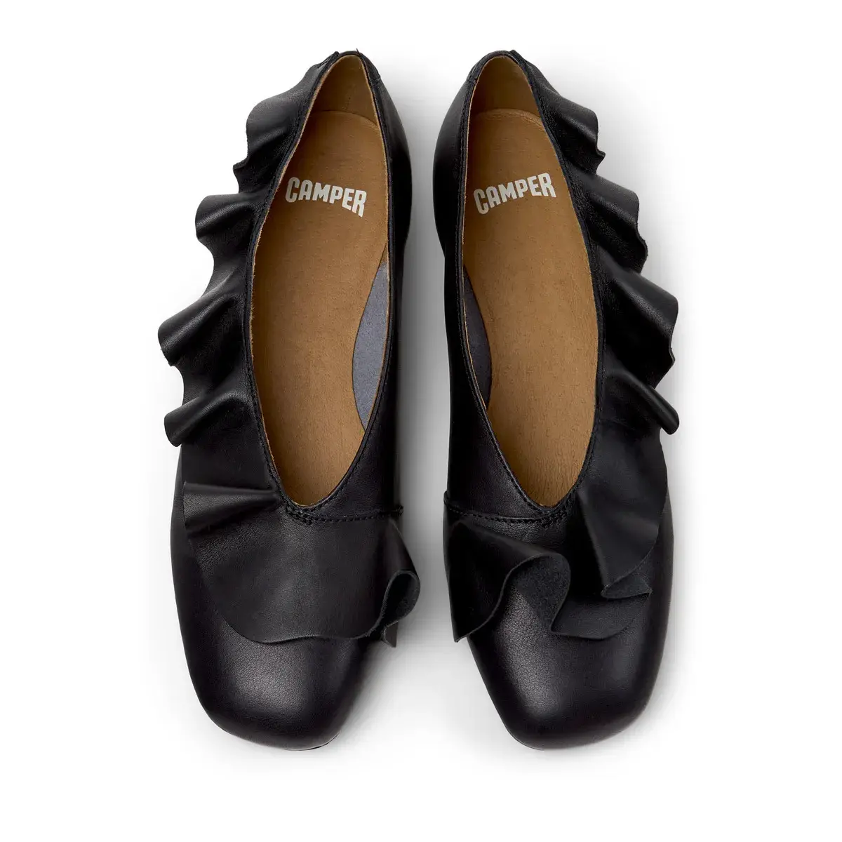 Leder-Ballerinas mit Rüschen und eckiger Spitze