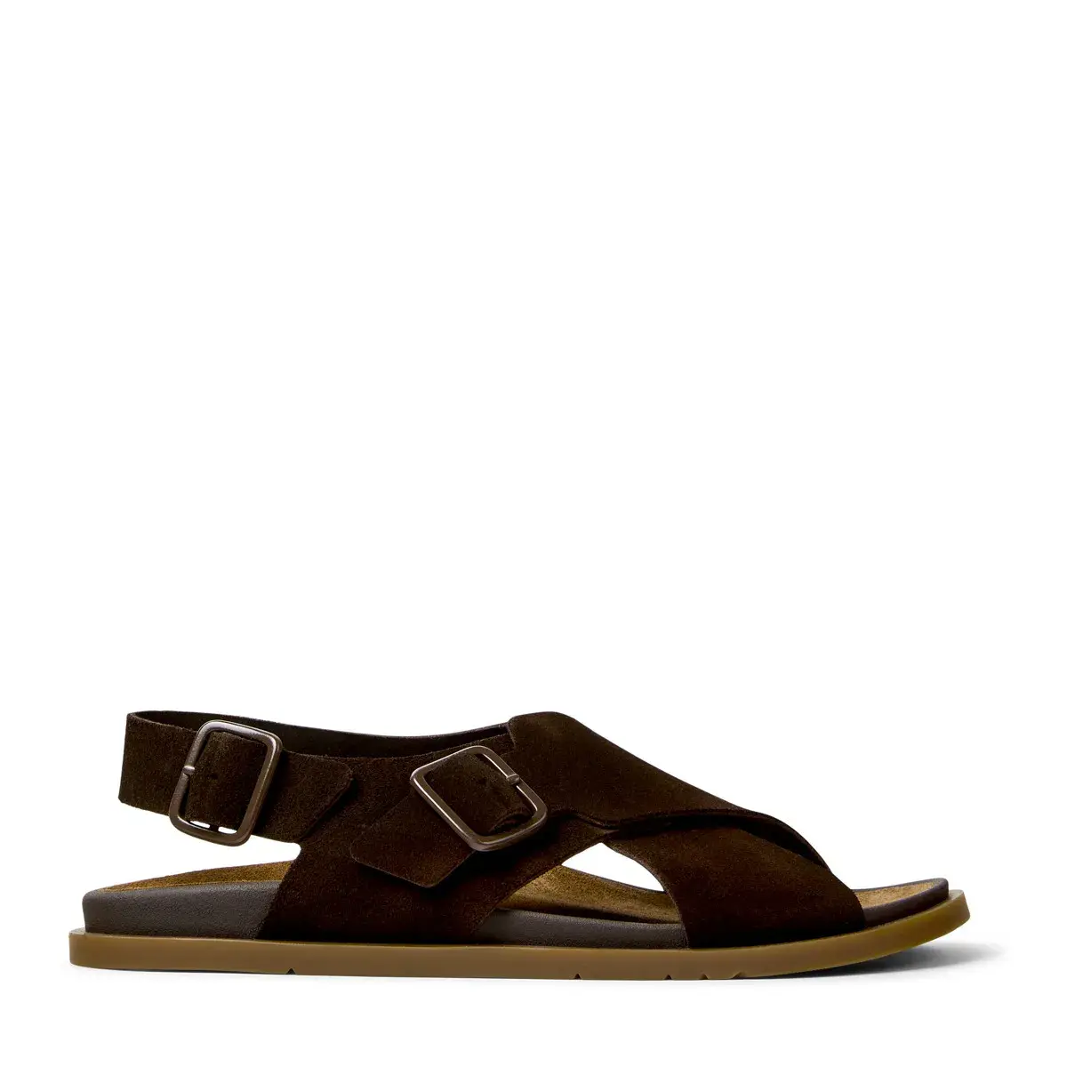 Braune Wildleder-Sandalen mit gekreuzten Riemen