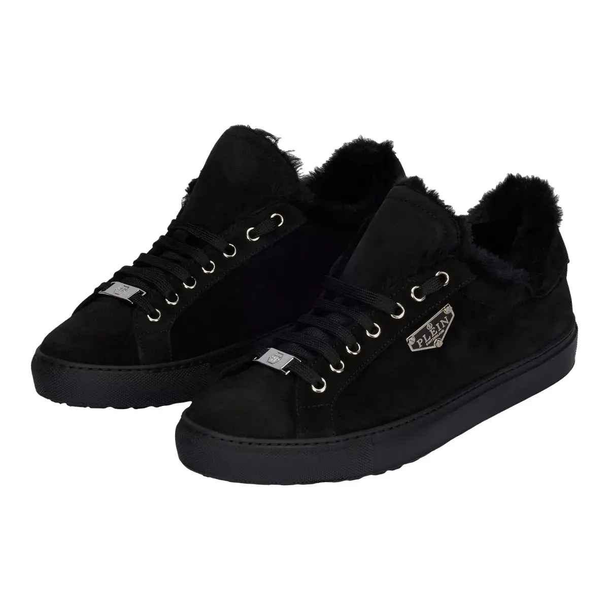 Schwarze Wildleder Low-Top Pelz Sneaker