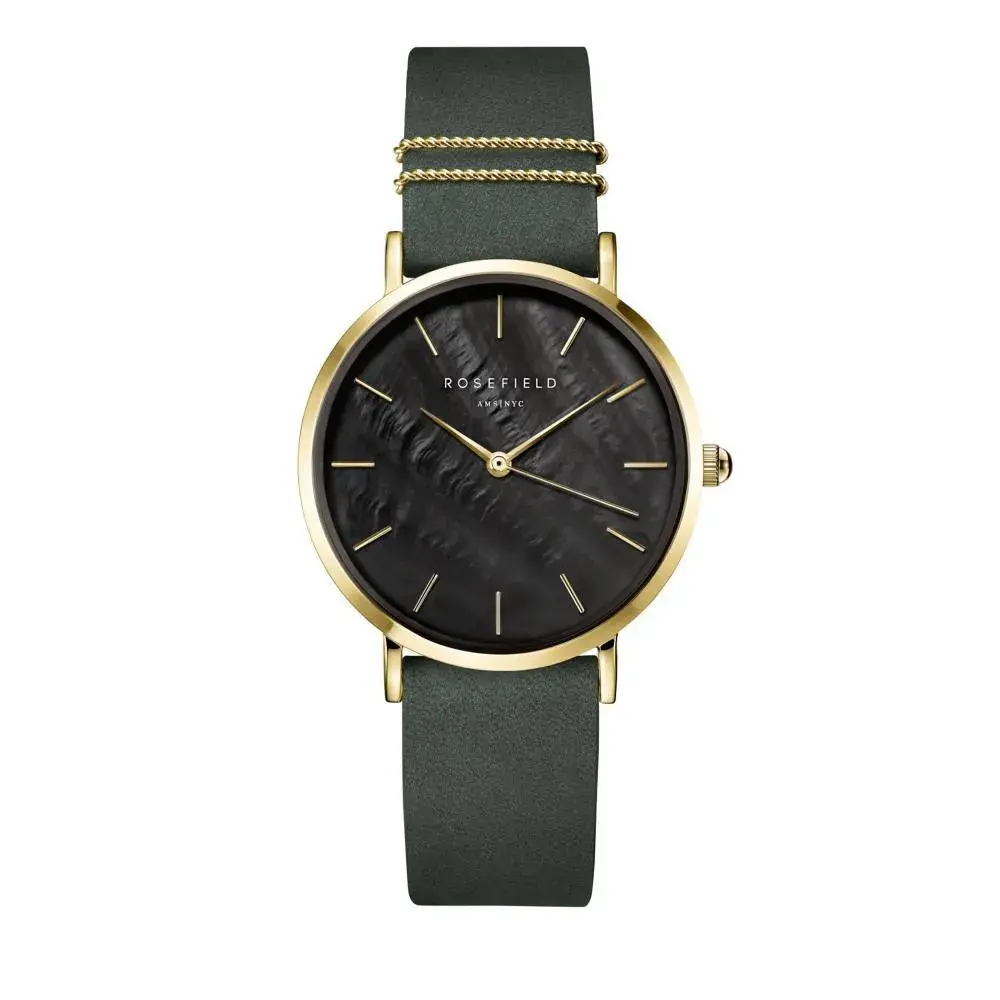 Elegante goldfarbene Uhr mit grünem Armband