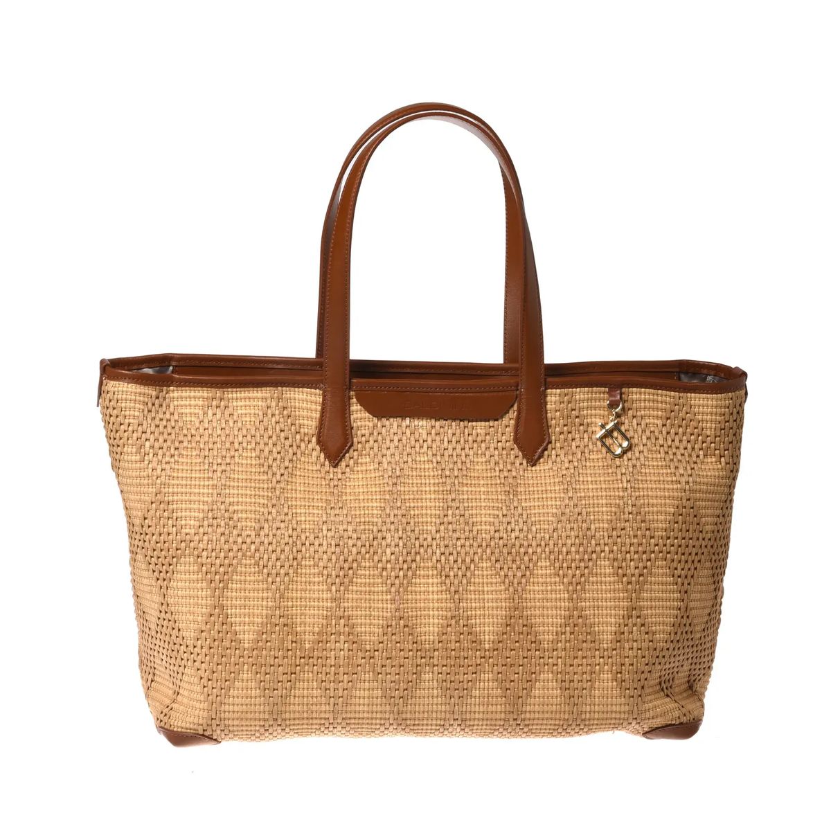 Gewebte Basttasche mit Lederbesatz