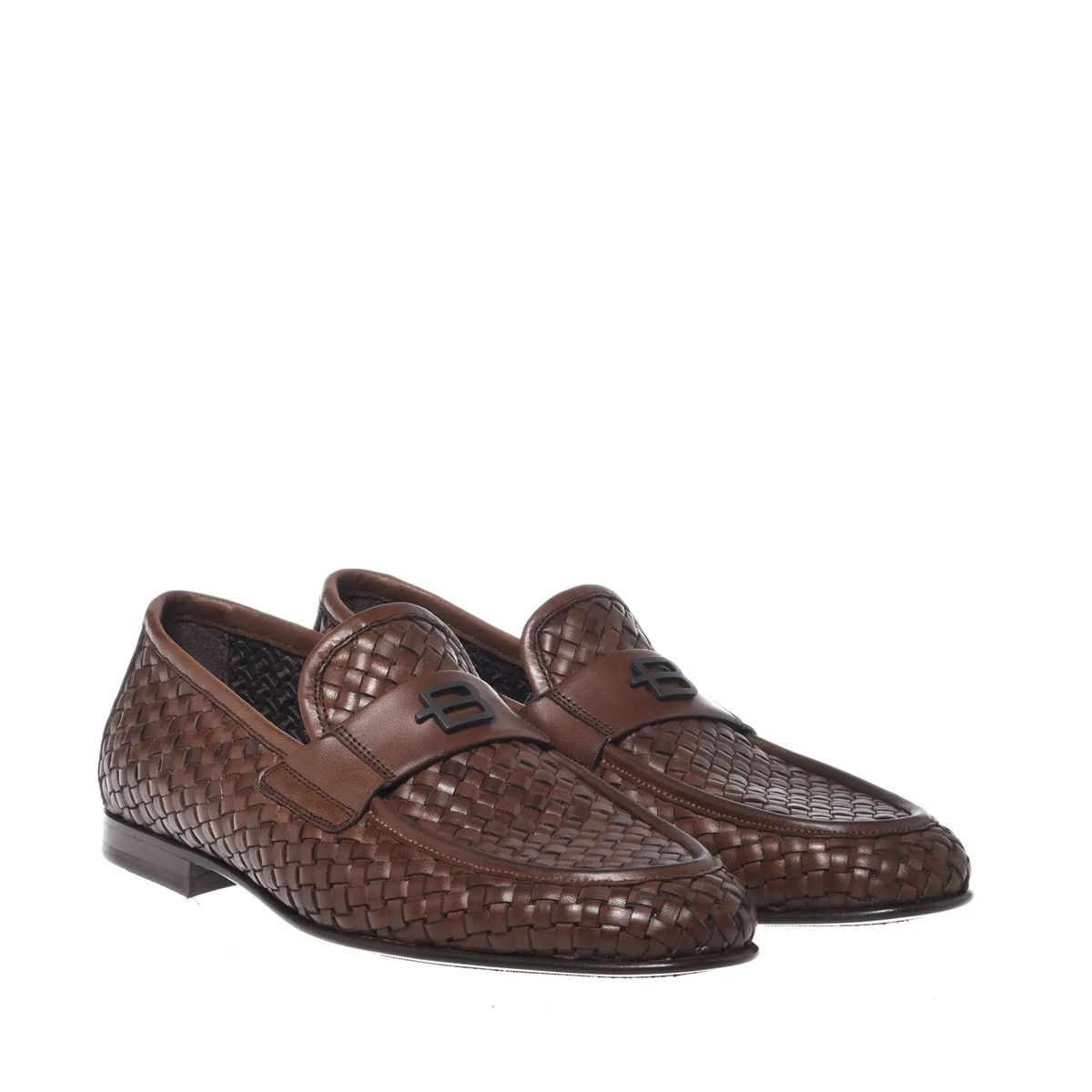 Braune Gewebte Penny Loafers aus Leder