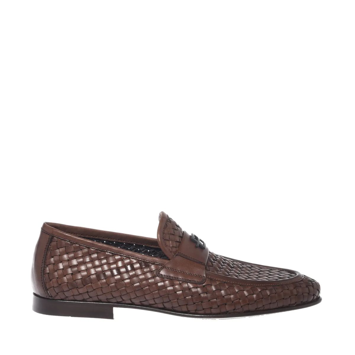 Braune Gewebte Penny Loafers aus Leder
