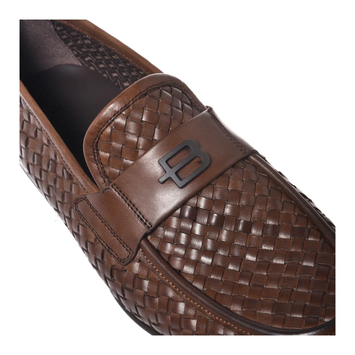 Braune Gewebte Penny Loafers aus Leder
