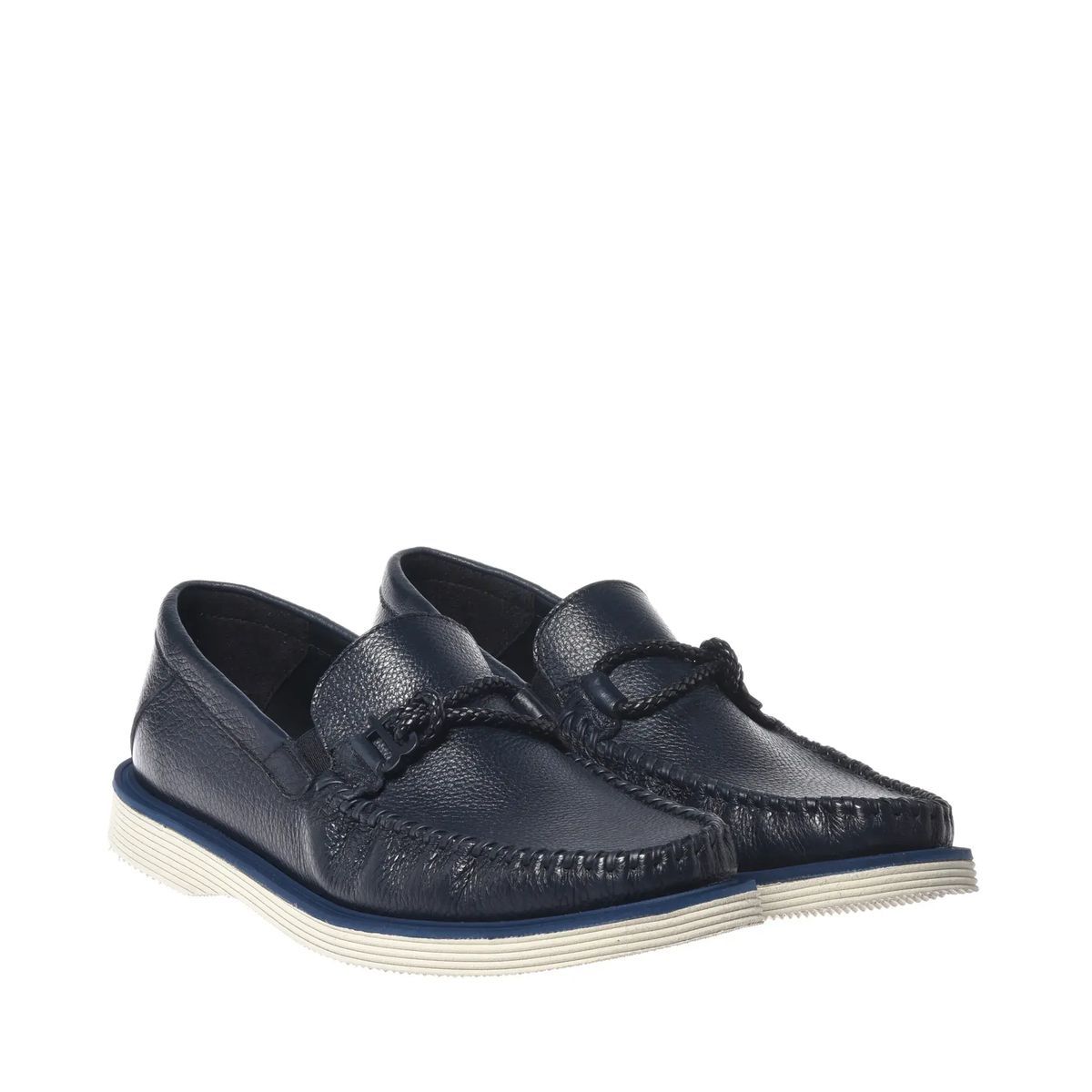 Marineblaue Lederloafer mit geflochtenem Detail