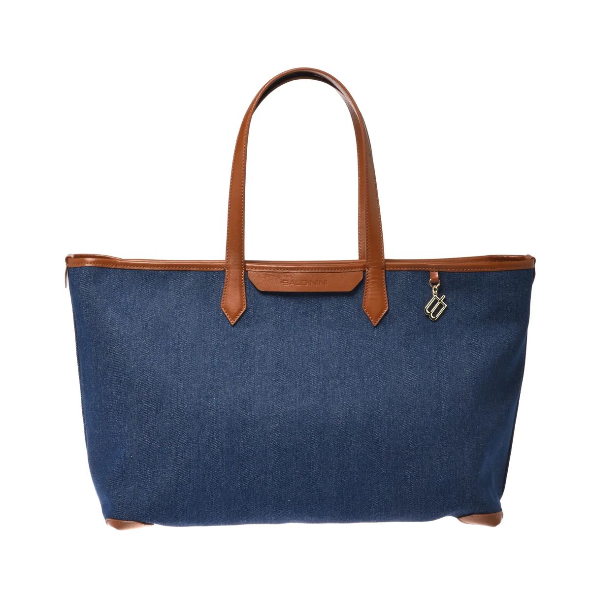 Denim-Tragetasche mit Lederbesatz