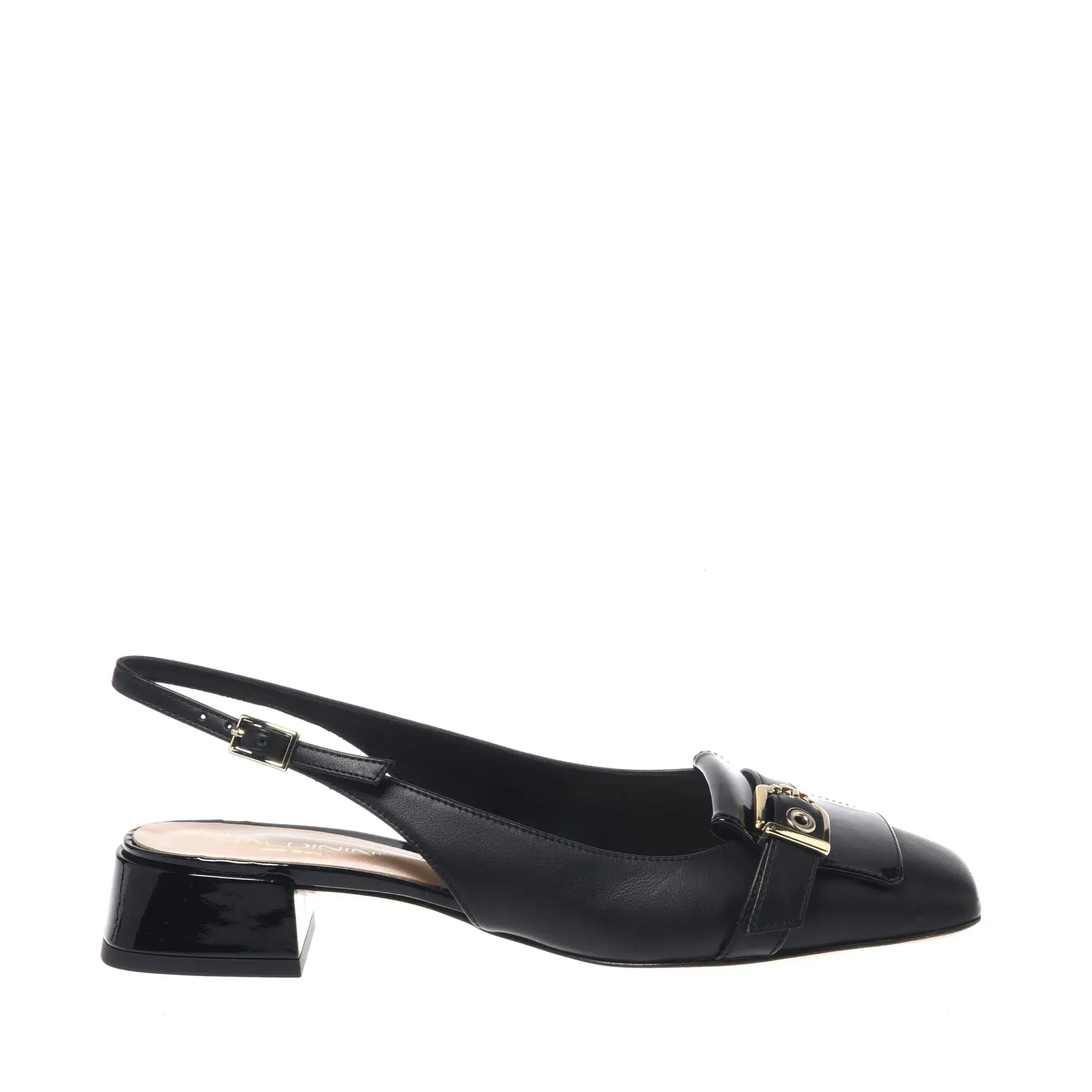Schwarze Slingback-Pumps mit Blockabsatz aus Leder