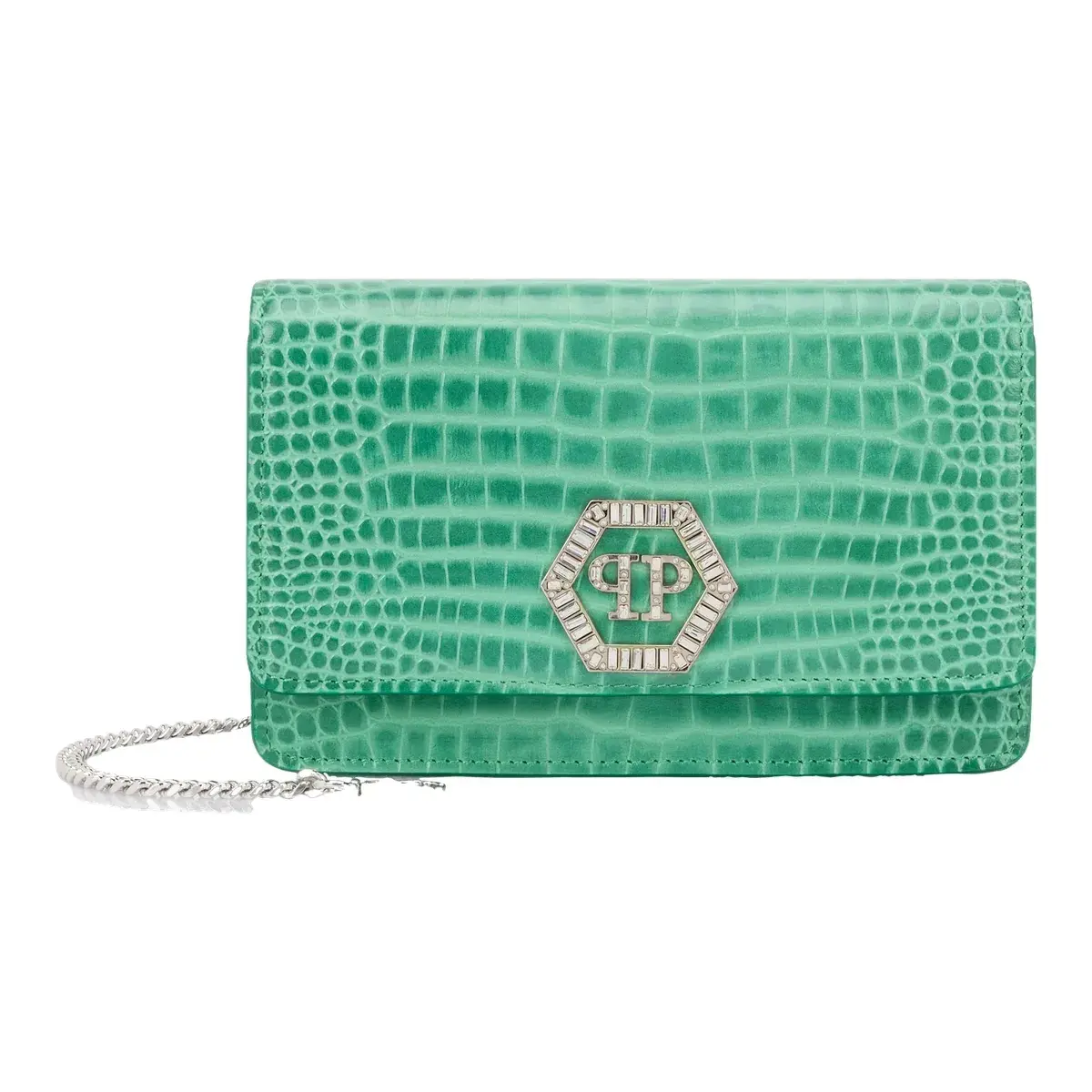 Geldbörsen-Clutch mit Krokoprägung und Kette