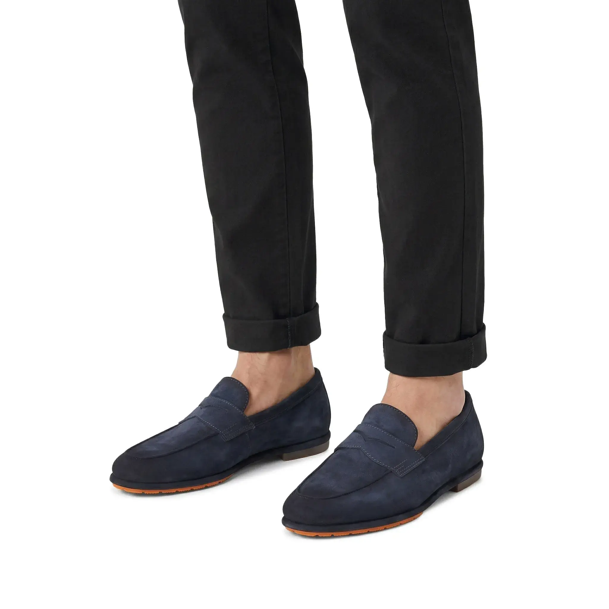 Wildleder Penny Loafers mit orangener Sohle