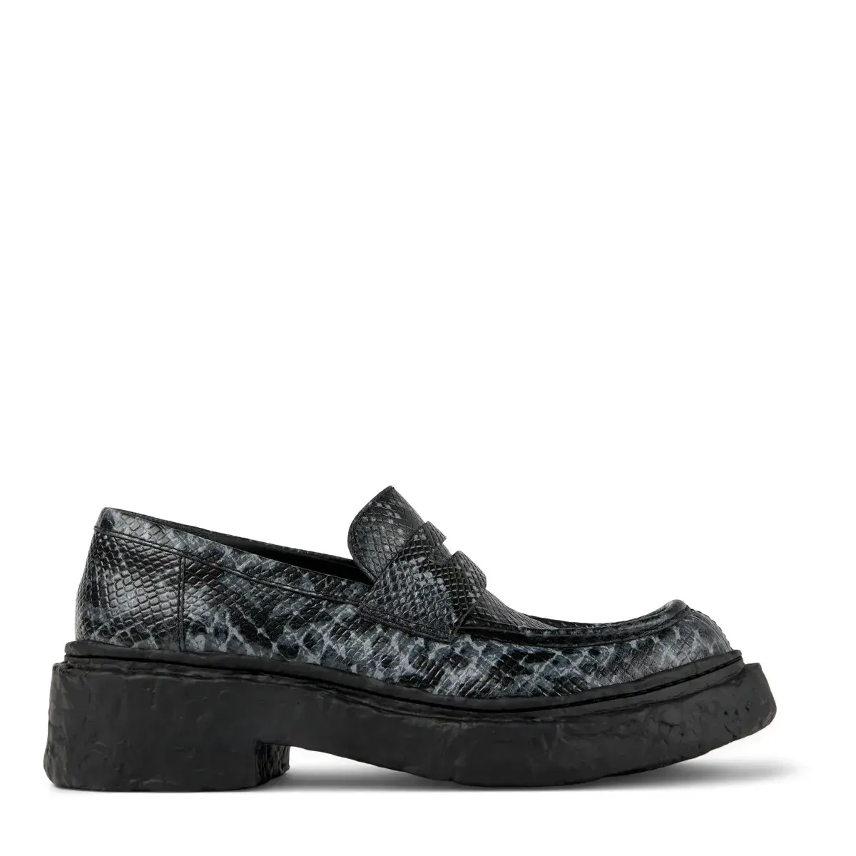 Schwarze Lederslipper mit Schlangenlederprägung