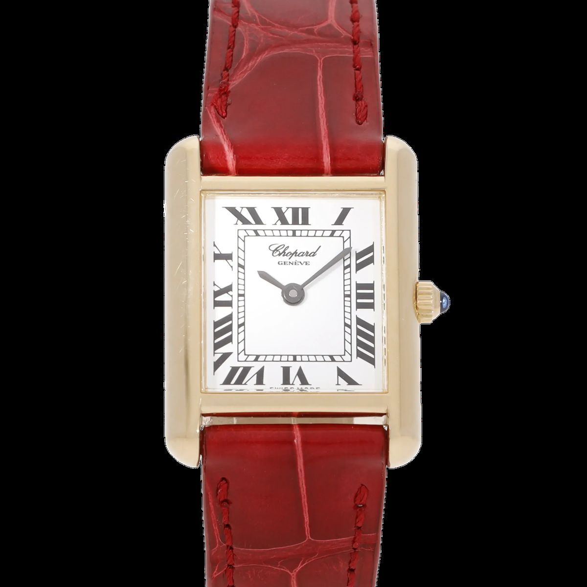 Rechteckige Gold-Uhr mit rotem Armband