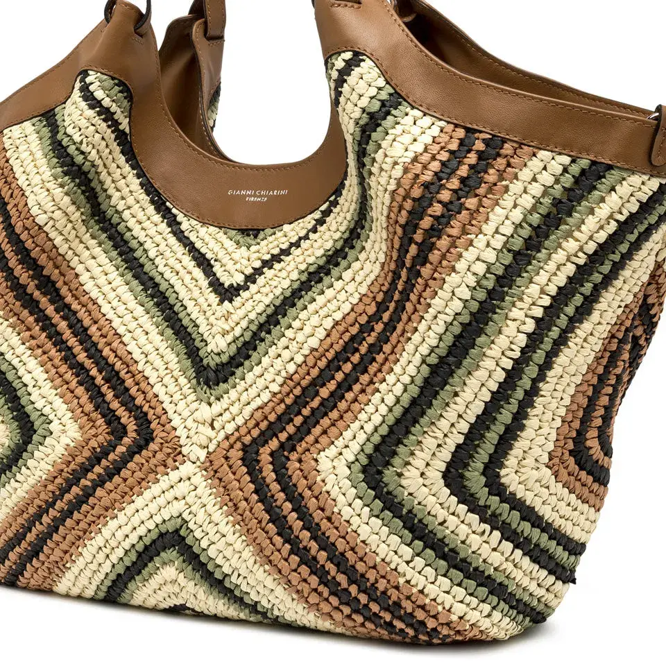 Schultertasche aus geflochtenem Stroh mit Lederbesatz