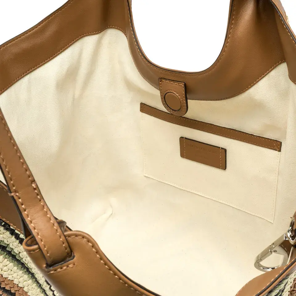 Schultertasche aus geflochtenem Stroh mit Lederbesatz
