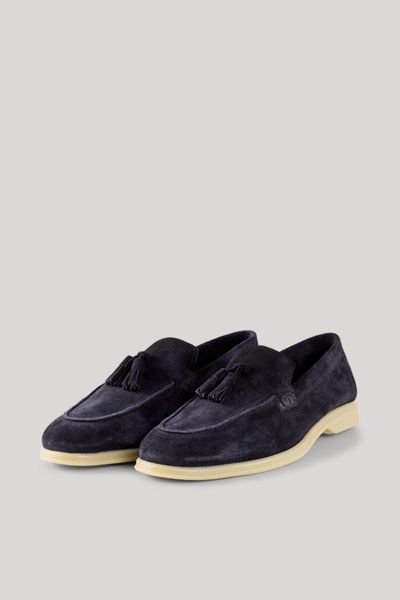 Marineblaue Wildleder-Slipper mit Quasten und Kontrastsohle