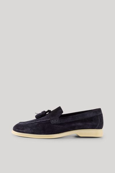 Marineblaue Wildleder-Slipper mit Quasten und Kontrastsohle