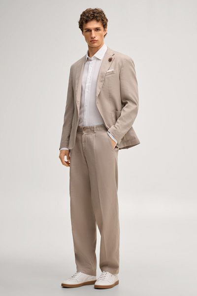 Beige Bundfaltenhose aus Leinenmischung