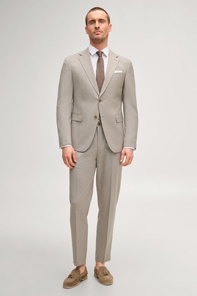 Beige strukturierte Anzughose mit Gummibund