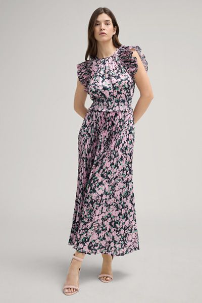 Plissee-Maxikleid mit Blumendruck