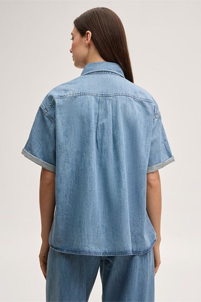 Jeans-Hemdbluse kurzarm in Mid Blue washed