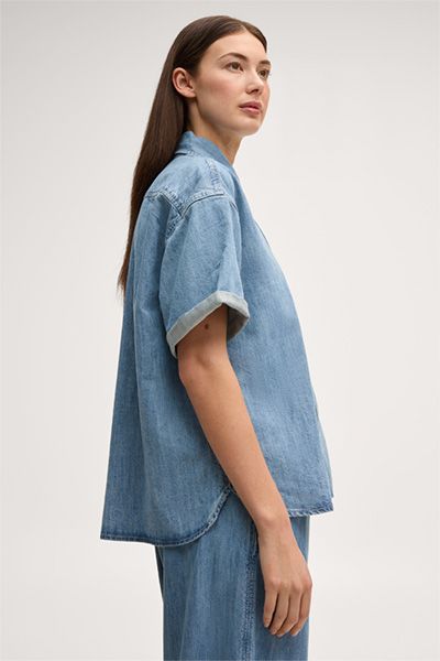 Jeans-Hemdbluse kurzarm in Mid Blue washed