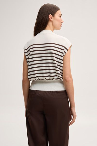 Seiden-Baumwollmix-Strick-Shirt in Ecru-Dunkelbraun gestreift