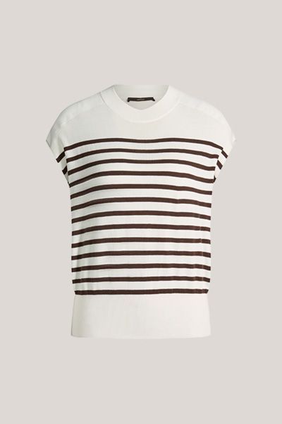 Seiden-Baumwollmix-Strick-Shirt in Ecru-Dunkelbraun gestreift