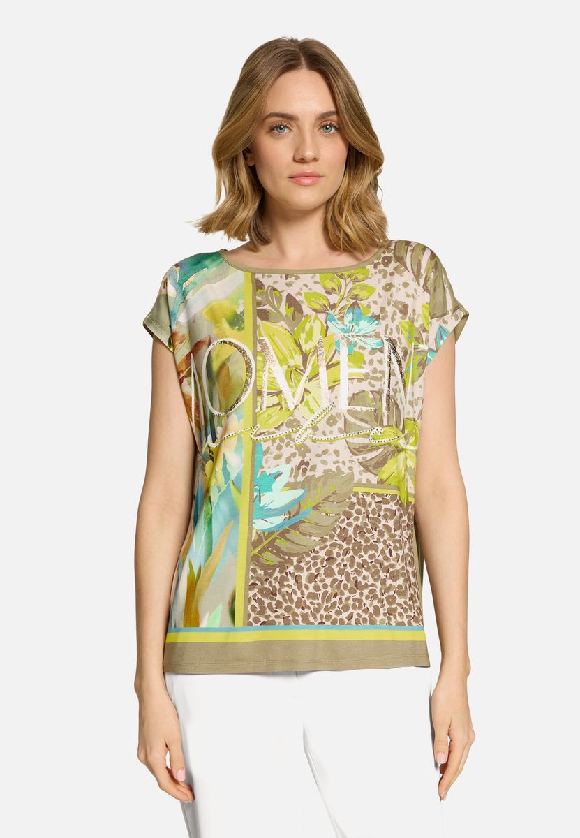 T-Shirt mit Mix-Print und Glitzersteinen