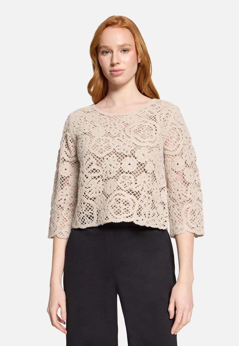 Gehäkelter Floral-Pullover mit U-Boot-Ausschnitt