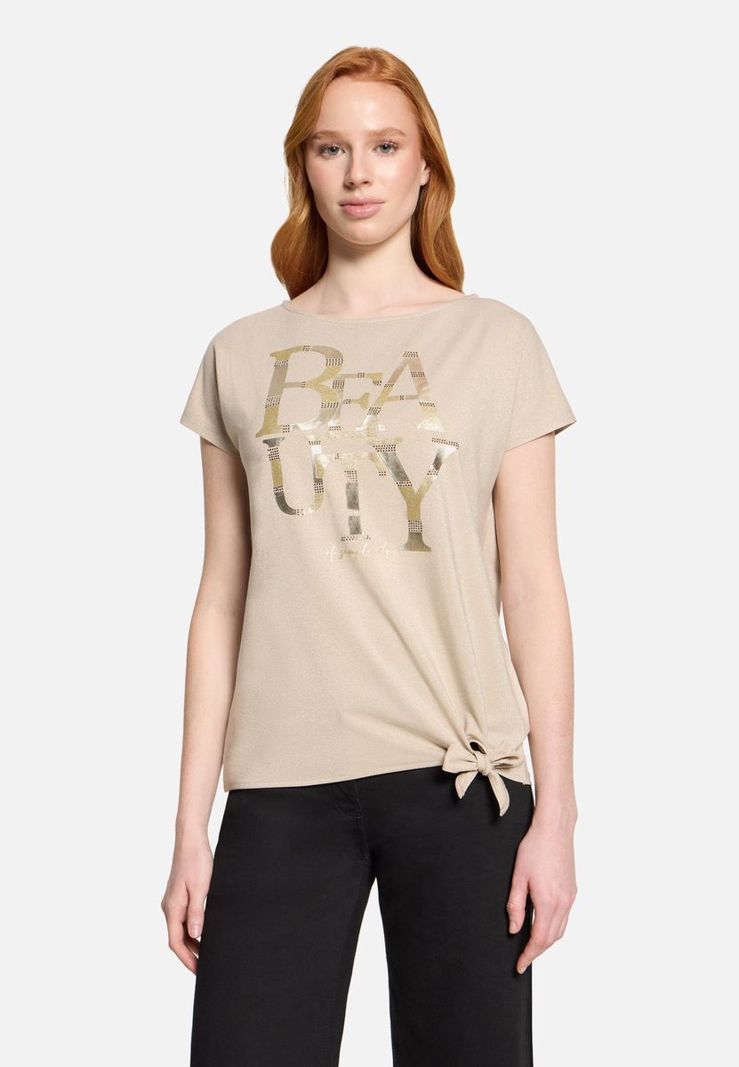 Glitzershirt mit Schriftzug und Saumknoten