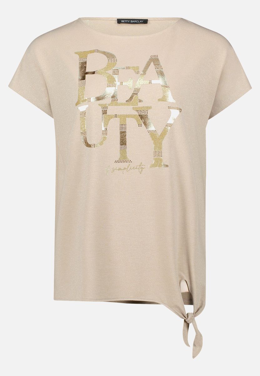 Glitzershirt mit Schriftzug und Saumknoten