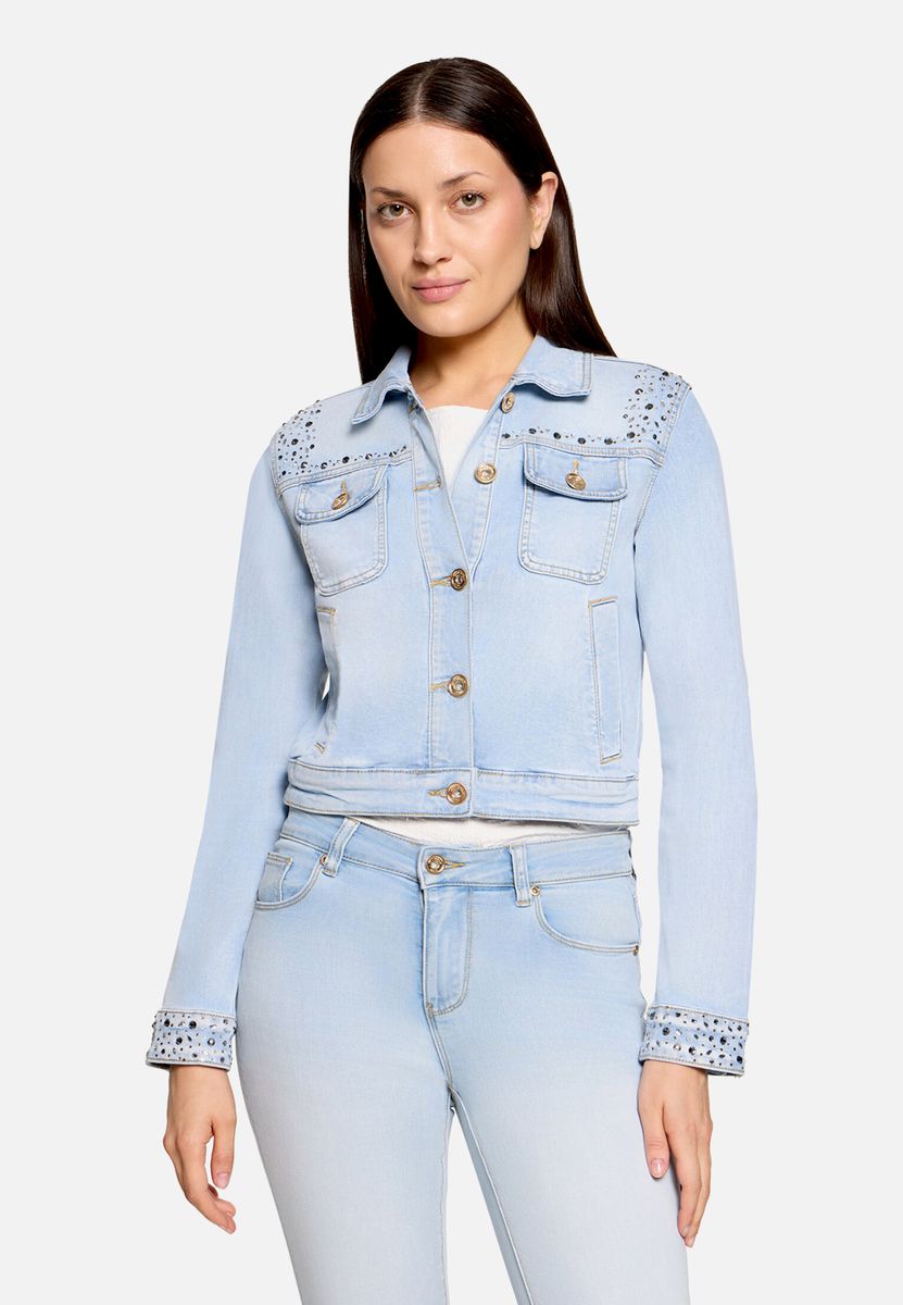 Jeansjacke mit Strassbesatz in Cropped-Optik