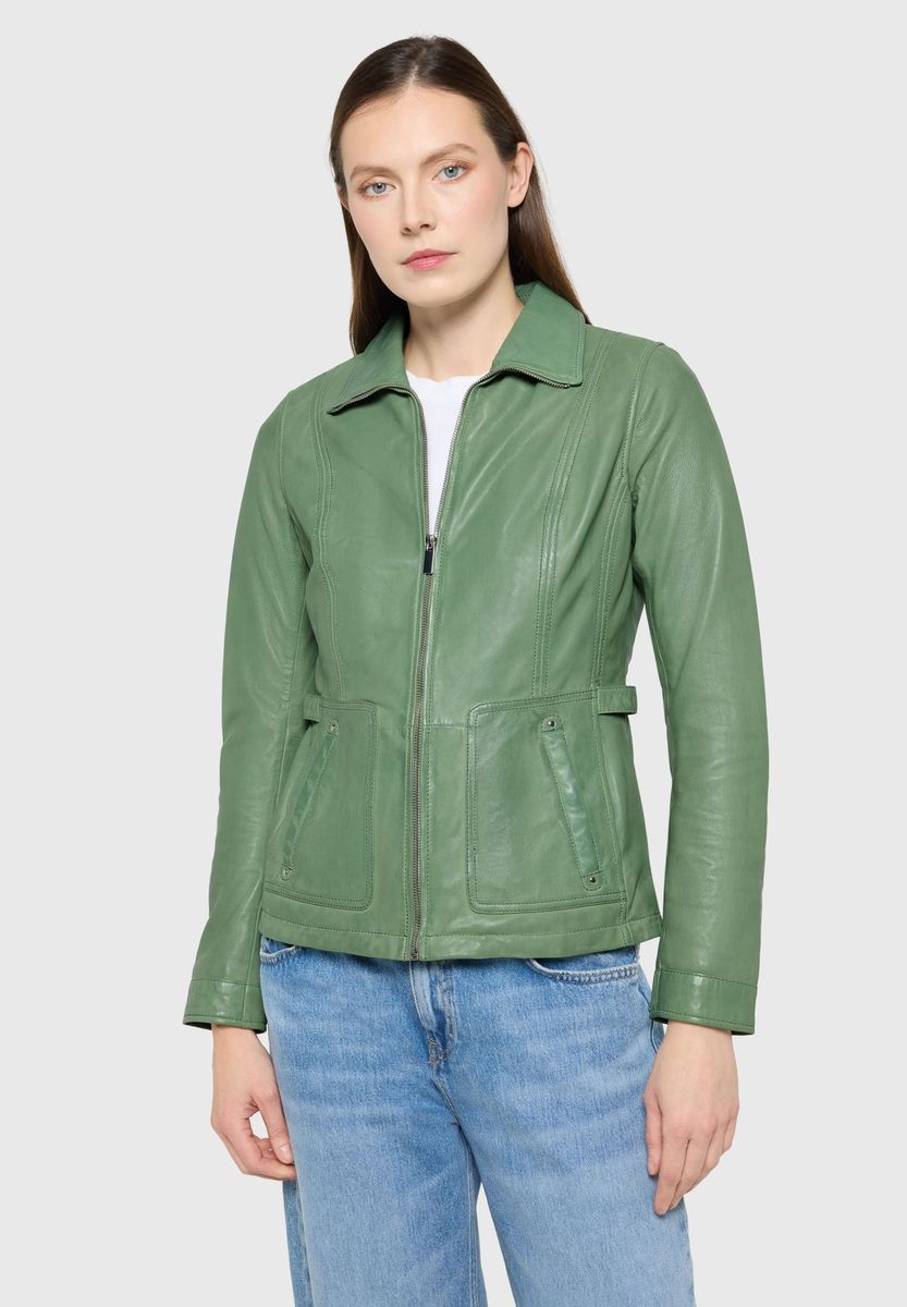 Klassische grüne Lederjacke mit Taschen