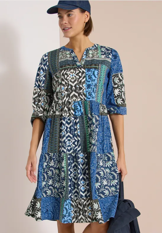 Cecil Damen Knielanges Kleid in Seersuckerqualität in Blau, Gr: 3XL
